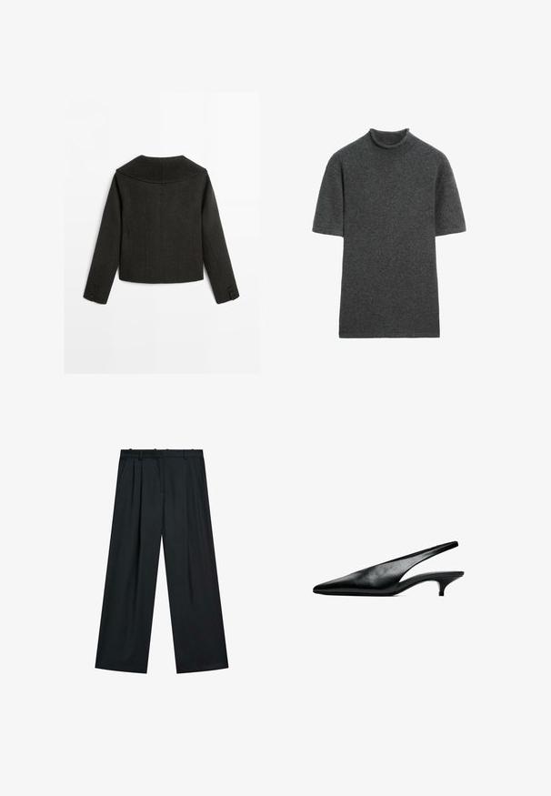 Veste courte en laine gris foncé vue de dos avec des manches longues et trois boutons sur chaque poignet.; Pull tricoté gris foncé à manches courtes avec un col montant ample, présenté à plat sur fond blanc.; Pantalon large noir avec une devant plissé, une taille avec passants de ceinture et des poches latérales. Fabriqué dans un tissu lisse au design épuré.; Chaussure noire en cuir avec bride arrière, talon kitten bas courbé et bout pointu, sur fond blanc.