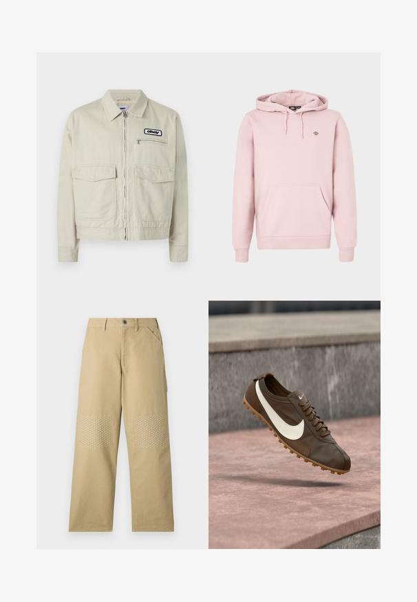 Beige Jeansjacke mit Reißverschluss, zwei Fronttaschen und einem kleinen Logopatch. Strukturiertes Design mit Kragen und langen Ärmeln.; Hellrosa Hoodie mit Fronttasche, verstellbarer Kapuze mit Kordelzug und einem kleinen Logo auf der Brust. Hergestellt aus weichem Stoff mit gerippten Bündchen.; Khakifarbene Baumwollhosen mit geradem Bein, versehen mit weißen Kreuzstichen auf den Knie-Patches und einem Frontknopfverschluss.; Brauner Nike Laufschuh mit weißem Swoosh-Logo und Gummisohle, der über einer rosa Steinoberfläche mit grauem Stein-Hintergrund schwebt.