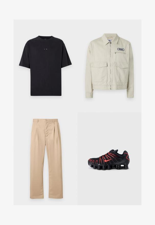 Beige spijkerjack met ritssluiting, twee steekzakken aan de voorkant en een klein logoplaatje. Gestructureerd ontwerp met een kraag en lange mouwen.; Oakley RISE TEE - T-shirt basic - blackout; Beige broek met rechte pijpen, voorklappen, knoopsluiting, riemlussen en een gladde, kreukvrije stofafwerking.; Zwarte sportschoenen met rode accenten, voorzien van een gestructureerde mesh bovenkant, een uniek golvend ontwerp en een gevormde, gedempte zool.