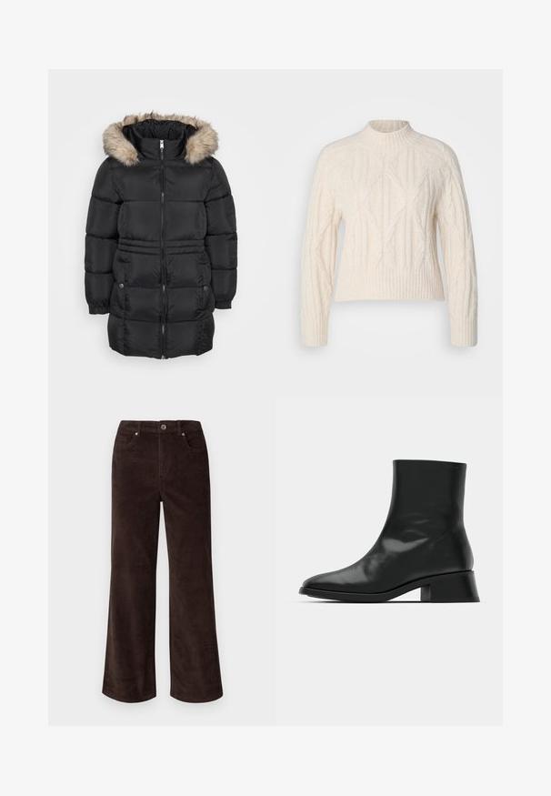 Sort, quiltet vinterjakke med lynlås foran, elastiske manchetter, sidelommer med knapper og en hætte med pelsfor.; Cremefarvet kabelstrikket sweater med høj hals, lange ærmer og ribbet kant. Har teksturerede mønstre og en afslappet pasform.; Vero Moda Petite VMTESSA PANTS - Bukser - chocolate torte; Sort ankelstøvle lavet af blank læder, med et strømlinet design, spids tå og en moderat blokhælhøjde for stabilitet.
