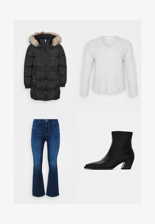 Schwarze gesteppten Winterjacke mit Frontreißverschluss, elastischen Bündchen, seitlichen Taschen mit Knöpfen und einer gefütterten Kapuze aus Fell.; Hellgrauer Langarmpullover mit geripptem Textur, V-Ausschnitt und leicht abgerundetem Saum. Weiches Material mit subtilen Mustervariationen.; Dunkelblaue ausgestellte Jeans aus Denim, mit Fünf-Taschen-Design, Reißverschluss mit Knopf und kontrastierenden Nähten entlang der Säume.; Schwarze Leder-Stiefelette mit spitzem Zeh, schlanker Silhouette und klobigem quadratischem Absatz. Glatte Textur mit minimalen Nähdetails.