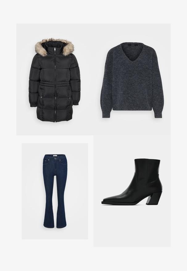 Sort, quiltet vinterjakke med lynlås foran, elastiske manchetter, sidelommer med knapper og en hætte med pelsfor.; Mørkegrå strikket sweater med V-udskæring, brede ærmer og en blød tekstur, der har en let oversized, boxy pasform.; Mørkeblå denim flared jeans med et klassisk fem-lomme design, metal knaplukning og syninger på lommerne.; Sortlæder ankelstøvle med spids tå, en slank silhuet og en kraftig firkantet hæl. Glat tekstur med minimale stikninger.