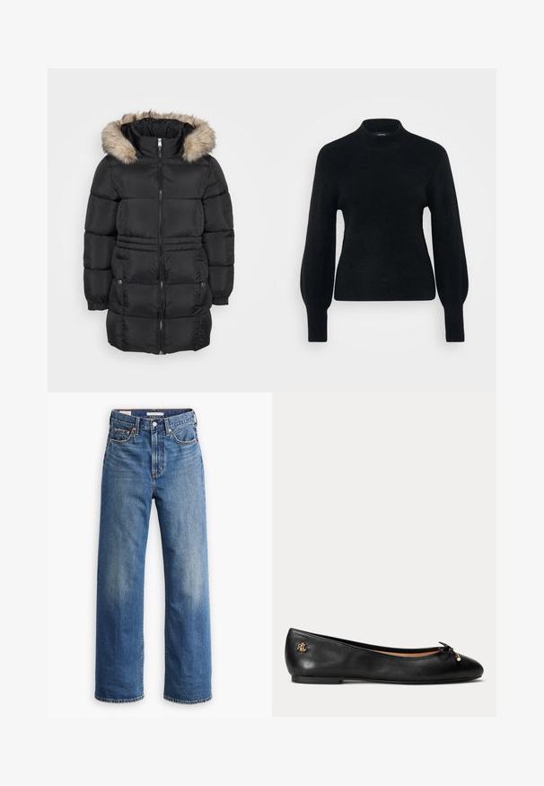 Sort, quiltet vinterjakke med lynlås foran, elastiske manchetter, sidelommer med knapper og en hætte med pelsfor.; Vero Moda Petite VMPIPPA HIGHNECK - Striktrøje - black; Lyseblå denimjeans med høj talje, bred benstil, klassisk fem-lomme design og subtil falmning på stoffet.; Sort læder balletflad sko med lille sløjfe og gyldent logodetalje ved hælen, flad sål og rundet tå.