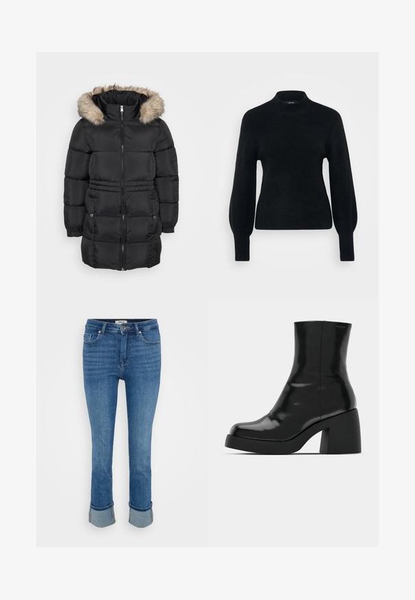 Sort, quiltet vinterjakke med lynlås foran, elastiske manchetter, sidelommer med knapper og en hætte med pelsfor.; Vero Moda Petite VMPIPPA HIGHNECK - Striktrøje - black; Blå denim jeans med forlommer, knaplukning og oprullede bukseben på en ensfarvet lys baggrund.; Sorte ankelstøvler med en blank finish, firkantet tå og en tyk blokhæl. Designet har en strømlinet silhuet og minimal branding.