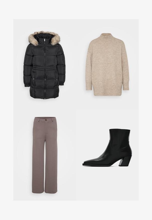 Manteau d'hiver noir matelassé avec fermeture éclair sur le devant, poignets élastiques, poches latérales avec boutons et capuche doublée en fourrure.; Pull à col roulé beige fabriqué en maille douce, doté de manches longues et d'une coupe décontractée, avec des détails de bord-côte aux poignets et à l'ourlet.; Pantalons à jambes larges en tissu brun lisse et discret, avec des poches avant, une fermeture à bouton et une taille ajustée.; Bottine en cuir noir avec un bout pointu, une silhouette élégante et un talon carré massif. Texture lisse avec des détails de couture minimalistes.