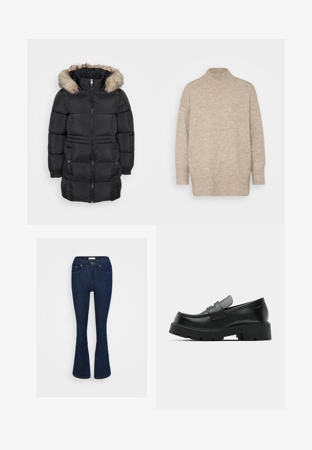 Schwarze gesteppten Winterjacke mit Frontreißverschluss, elastischen Bündchen, seitlichen Taschen mit Knöpfen und einer gefütterten Kapuze aus Fell.; Beige Rollkragenpullover aus weichem Strickmaterial, mit langen Ärmeln und lockerer Passform, ausgestattet mit gerippten Bündchen und Saumdetails.; Dunkelblaue Jeans im Bootcut-Stil mit klassischem Fünf-Taschen-Design, metallischem Knopfverschluss und Nähakzenten an den Taschen.; Schwarze Leder-Loafers mit einer chunky strukturierten Sohle, ausgestattet mit einem Riemen über dem Spann und einer glatten, polierten Oberfläche.