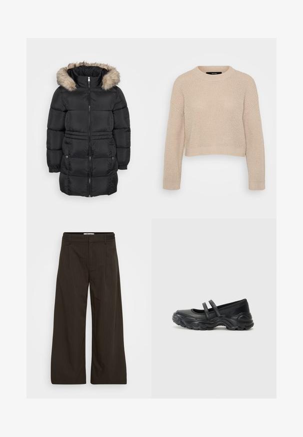 Sort, quiltet vinterjakke med lynlås foran, elastiske manchetter, sidelommer med knapper og en hætte med pelsfor.; Beige striktrøje med rund halsudskæring, drop shoulder-design og ribbede kanter. Struktureret stof og cropped længde.; Mørkebrune brede benbukser med tynde lodrette striber, bæltesløjfer og frontlynlås.; Sorte læder mary jane flade sko med to justerbare remme, en rund tå og en struktureret gummisål for ekstra greb.