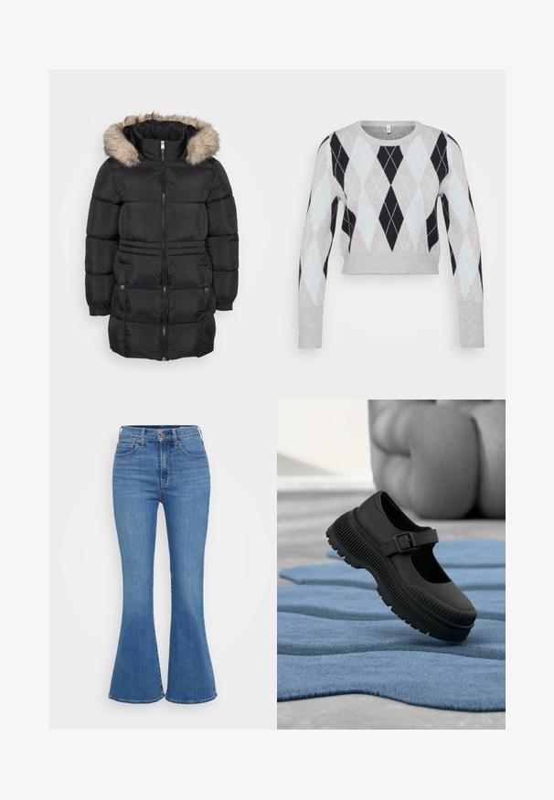 Manteau d'hiver noir matelassé avec fermeture éclair sur le devant, poignets élastiques, poches latérales avec boutons et capuche doublée en fourrure.; Pull court gris clair avec un motif argyle noir et bleu clair. Présente des manches longues et un col rond classique. Texture douce.; Jeans évasés bleu clair avec une taille haute, en denim. Comprend deux poches avant et une fermeture à bouton à la taille.; Chaussure noire style Mary Jane avec semelle épaisse nervurée et bride à boucle, reposant sur un tapis bleu texturé avec arrière-plan flou.