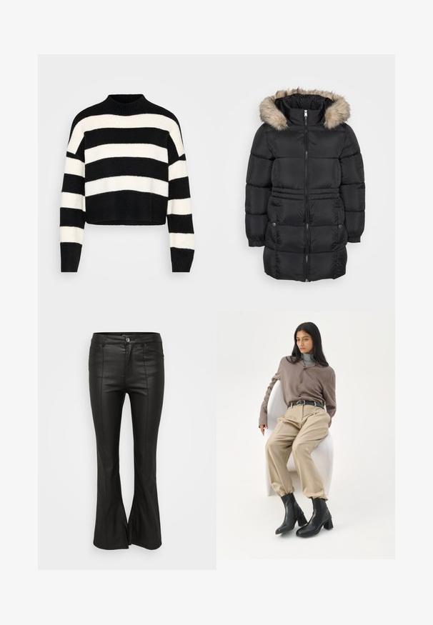 Manteau d'hiver noir matelassé avec fermeture éclair sur le devant, poignets élastiques, poches latérales avec boutons et capuche doublée en fourrure.; Pull cropped à manches longues noir et blanc à rayures horizontales, avec un col montant côtelé et des poignets, présenté sur un fond clair.; Pantalons évasés noirs avec une texture brillante semblable au cuir, présentant des poches avant, une fermeture à bouton et des fentes sur les côtés à l'ourlet.; Femme aux longs cheveux noirs appuyée sur une chaise blanche courbée, portant un chemisier taupe, un pantalon beige, une ceinture noire et des bottines noires à talons.