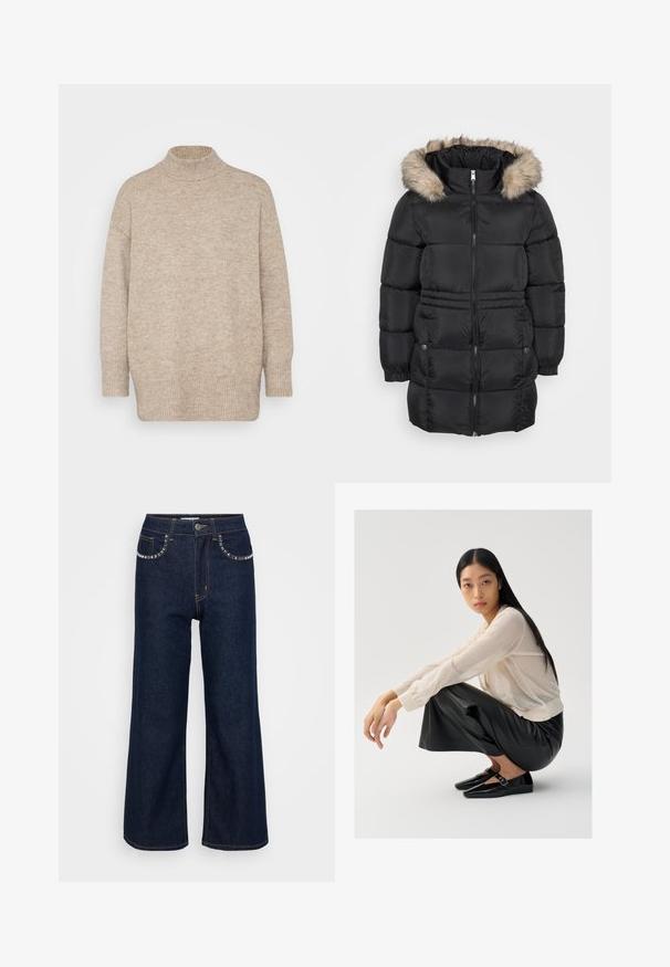 Manteau d'hiver noir matelassé avec fermeture éclair sur le devant, poignets élastiques, poches latérales avec boutons et capuche doublée en fourrure.; Pull à col roulé beige fabriqué en maille douce, doté de manches longues et d'une coupe décontractée, avec des détails de bord-côte aux poignets et à l'ourlet.; Jean large bleu foncé en denim, avec taille haute, deux poches avant ornées de coutures décoratives et une fermeture à un bouton.; Pull léger beige clair en maille transparente avec des manches bouffantes, associé à un pantalon large en cuir noir et des chaussures noires brillantes avec un détail de sangle.