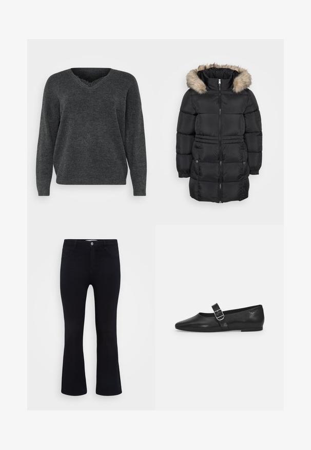 Schwarze gesteppten Winterjacke mit Frontreißverschluss, elastischen Bündchen, seitlichen Taschen mit Knöpfen und einer gefütterten Kapuze aus Fell.; Dunkelgrauer Strickpullover mit V-Ausschnitt, langen Ärmeln und lockerer Passform. Weiche Textur, minimale Details und glatte Oberfläche.; ONLY Carmakoma Flared fit CARTHUNDER Mid waist - Flared Jeans - black denim; Schwarzer Lederflatschuh mit runder Zehenform, einem verstellbaren Schnallenriemen und einer glatten, glänzenden Oberfläche. Minimalistisches Design mit einem niedrigen Absatz.