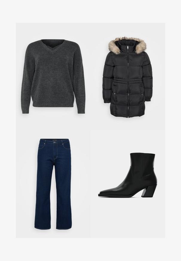 Sort, quiltet vinterjakke med lynlås foran, elastiske manchetter, sidelommer med knapper og en hætte med pelsfor.; Mørkegrå strikket sweater med v-hals, lange ærmer og afslappet pasform. Blød tekstur, minimal detaljering og en glat overflade.; Mørkeblå denim jeans med lige pasform, der har en lynlås, fem lommer og synlige syninger.; Sortlæder ankelstøvle med spids tå, en slank silhuet og en kraftig firkantet hæl. Glat tekstur med minimale stikninger.