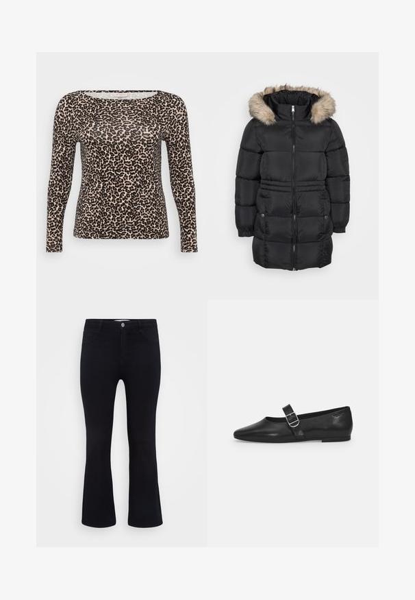 Schwarze gesteppten Winterjacke mit Frontreißverschluss, elastischen Bündchen, seitlichen Taschen mit Knöpfen und einer gefütterten Kapuze aus Fell.; Langärmliges Oberteil aus leichtem Stoff mit beigem Grundton und schwarzem Leopardenmuster sowie einem breiten, abgerundeten Halsausschnitt.; ONLY Carmakoma Flared fit CARTHUNDER Mid waist - Flared Jeans - black denim; Schwarzer Lederflatschuh mit runder Zehenform, einem verstellbaren Schnallenriemen und einer glatten, glänzenden Oberfläche. Minimalistisches Design mit einem niedrigen Absatz.