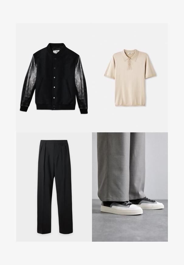 Zwarte varsityjack met een wollen lichaam en glanzende zwarte leren mouwen. Voorzien van drukknoopsluitingen en zijzakken, met ribgebreide manchetten en onderrand.; Beige poloshirt met een kraag en een drieknopssluiting. Korte mouwen, zachte textuur en een rechte zoom. Minimalistisch ontwerp.; Zwarte formele broek met plooien, riemlussen en een knoopsluiting in de taille, afgebeeld tegen een effen lichte achtergrond.; Filling Pieces RIVIERA - Sneakers laag - grey