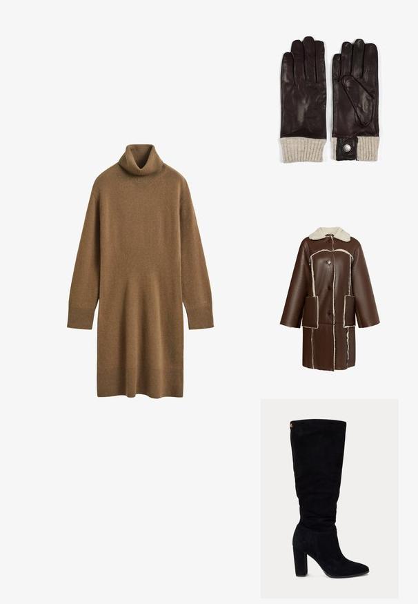Bruine leren jas met een fluffy kraag en afwerking, voorzien van een knoopsluiting aan de voorkant en twee grote zakken, die een losse, oversized stijl laat zien.; Bruine trui-jurk met lange mouwen en coltrui, met geribbelde boorden en zoom, gemaakt van zachte gebreide stof.; Zwarte suède dameslaars tot over de knie met blokhak en puntige neus, voorzien van een klein gouden logo label vlak bij de bovenkant aan de achterkant.; Bruine leren handschoenen met vijf vingers, voorzien van een gebreide beige manchet en een metalen knoopdetail bij de pols. Over het geheel een gladde textuur.