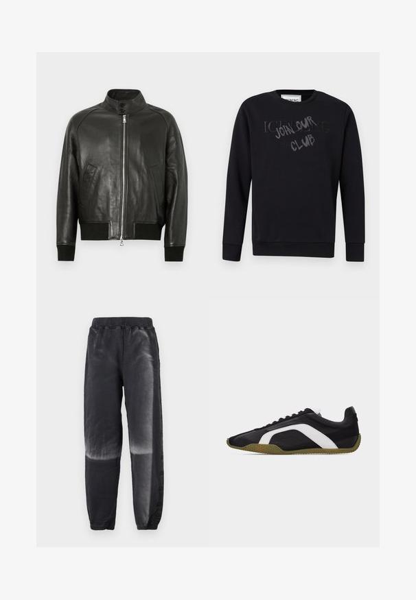 Zwarte leren bomberjack met een hoge kraag, ritssluiting aan de voorkant, geribbelde manchetten en onderzoom, en zijzakken. Glad textuur en strak ontwerp.; Zwarte crewneck sweatshirt met lange mouwen, voorzien van reliëf tekst "ICEBERG" en graffiti-stijl "JOHN SMITH CLUB" overlay op de borst.; Zwarte fleece joggers met elastische tailleband en boorden, met een vervaagd verloop van halverwege het dijbeen tot aan de enkel aan beide benen.; Zwarte lage sneaker met witte zijstreep en gestructureerde olijfgroene zool, zijaanzicht tegen een effen achtergrond.