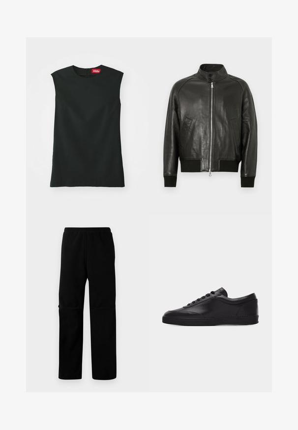 Veste bomber en cuir noir avec un col haut, fermeture éclair à l'avant, poignets et ourlet côtelés, et poches latérales. Texture lisse et design élégant.; Un haut sans manches noir avec un col rond, en tissu lisse, et une fermeture éclair au dos. Il présente une petite étiquette rouge avec le logo "032c" au niveau du cou.; Pantalons en polaire noire avec taille élastique et coupe droite. Texture lisse sans motifs ni éléments métalliques visibles.; Baskets basses en cuir noir avec lacets sur le devant et semelle en caoutchouc plate, vues de côté sur un fond blanc uni.