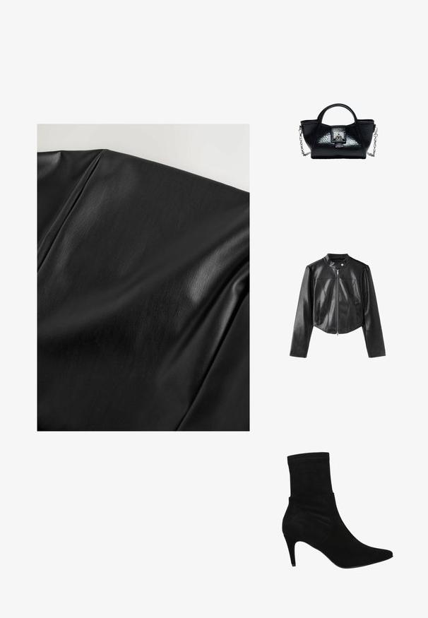 Schwarze kurze Jacke aus Kunstleder mit Frontreißverschluss, Stehkragen mit Druckknopf und zwei vertikalen Seitentaschen.; Schwarzer Kunstlederstoff mit glatter Textur und subtiler Glanz, der weiche Falten und ein leichtes Maserungsmuster aufweist.; Wojas Stiefelette - czarny; Schwarze Lederhandtasche mit gebogenem Griff, silbernem Schloss vorne und abnehmbarem silbernem Kettenriemen auf weißem Hintergrund.