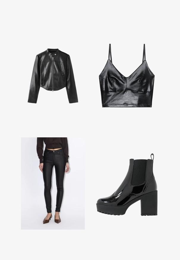 Schwarze kurze Jacke aus Kunstleder mit Frontreißverschluss, Stehkragen mit Druckknopf und zwei vertikalen Seitentaschen.; Schwarzer, glänzender Bralette mit dünnen verstellbaren Trägern, V-Ausschnitt, glatter Textur und dezentem Gather an der Brust für eine schöne Form.; Frau trägt schwarze, hoch taillierte Skinny-Hosen, ein kurz geschnittenes dunkelbraunes Hemd mit Knöpfen und braune spitze Schuhe mit Absatz.; Schwarze Lackleder-Ankle Boots mit einer klobigen Plateausohle und hohen Absätzen, ausgestattet mit elastischen Seitenpanelen und dekorativen Steppnähten.