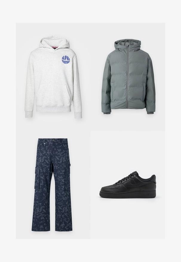 Hall polsterdatud talvejope kapuutsi, eeslt tõmblukuga ja küljetaskutega, mõeldud külmaks ilmaks.; Heled hall sweatshirt, mis on valmistatud pehmest materjalist. Omab es frontend kotti ja sinist "ALPHA INDUSTRIES" logo vasakul ülemisel küljel.; Sean John SCRIPT LOGO CAMOUFLAGE - Kargopüksid - blue; Nike Sportswear AIR FORCE 1 07 FLYEASE - Tossud - black