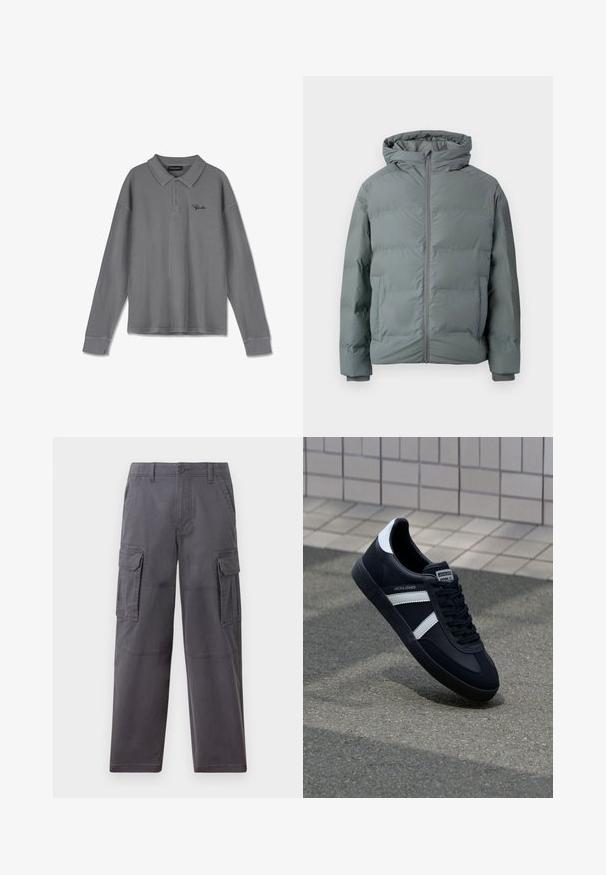 Grau gepolsterte Winterjacke mit Kapuze, Frontreißverschluss und Seitentaschen, für kaltes Wetter konzipiert.; Langarm-Polohemd aus gestreiftem grauem Stoff. Verfügt über einen Kragen, eine Drei-Knopf-Leiste und dezente schwarze Markenkennzeichnung auf der Brust.; Hollister Co. SKATER BAGGY - Cargohose - grey; Schwarze Leder-Sneaker mit weißen Streifen, strukturiertem Gummisohle und Schnürung. Verfügt über ein Markenetikett auf der Zunge.