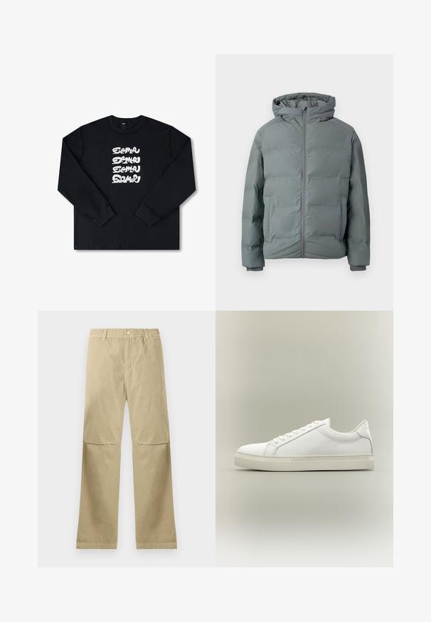Grå polstret vinterjakke med hætte, lynlås foran og sidelommer, designet til koldt vejr.; Sort sweatshirt med lange ærmer, der har et hvidt gentaget grafisk logo i stiliseret skrifttype på forsiden. Fremstillet af blødt stof.; Beige lige bukser med trykknaplukning, bæltestropper og syninger ved knæene, liggende fladt på en hvid baggrund.; Hvid lavtop sneaker med snørebånd foran og tyk sål, vist fra siden mod en neutral baggrund.