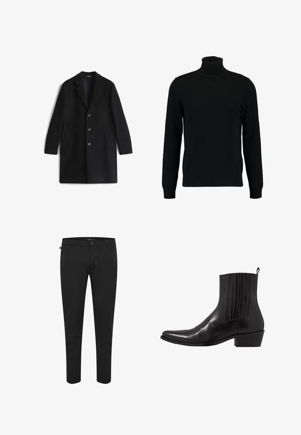 Manteau noir à simple boutonnage avec trois boutons, col à revers cranté et deux poches latérales, présenté sur fond blanc.; Un pull à col roulé noir en matière tricotée douce. Il possède des manches longues, un col et un ourlet côtelés. Son design est simple et épuré, sans motifs.; Pantalon noir en tissu lisse. Dispose d'une fermeture à bouton, de passants de ceinture, et d'une coupe slim avec des jambes fuselées. Pas de motifs visibles.; Bottine noire en cuir avec un bout pointu, des panneaux latéraux élastiques, des accents de coutures verticales et un petit talon bloc.