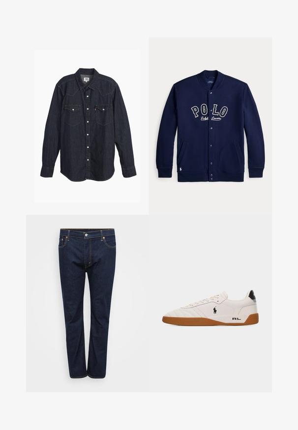 Sõjaväesinist värvi nööbitav jakk peal oleva kirjaga "POLO Ralph Lauren" ning mõlemal küljel taskutega, pikkade varrukate ja soonikkoes mansettidega.; Tume denimis pikkade varrukatega särk terava kraega, kahe rinnataskuga, valgete nuppudega ja kontrastse kollase õmblusega. Sujuv ja vastupidav kangas.; Tumedat sinised teksapüksid otsepholaga disainiga, millel on nähtavad kontrastse kollase õmblusega viie taskuga ja esine nupuga sulgemine.; Valge madala lõikega toss pruuni kummist tallaga, must Polo Ralph Laureni logo küljel ja "RL" tekst kandjalosal.