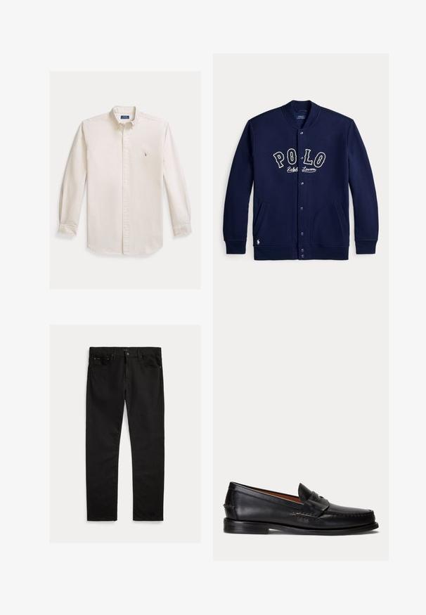Donkerblauw jack met knopen en de opdruk "POLO Ralph Lauren" op de voorkant, met zakken aan beide kanten, lange mouwen en geribde boorden.; Overhemd met lange mouwen en knoopsluiting, gemaakt van crèmekleurige katoenen stof. Voorzien van een spreidkraag en een klein geborduurd logo op de borst. Klassieke pasvorm.; Zwarte denim jeans met een recht gesneden pijp, vijf-pocketontwerp en subtiele textuur. Details van een metalen knoop en ritssluiting.; Zwarte leren loafer met lage hak en penny-strap detail, van opzij getoond op een lichtgrijze achtergrond.