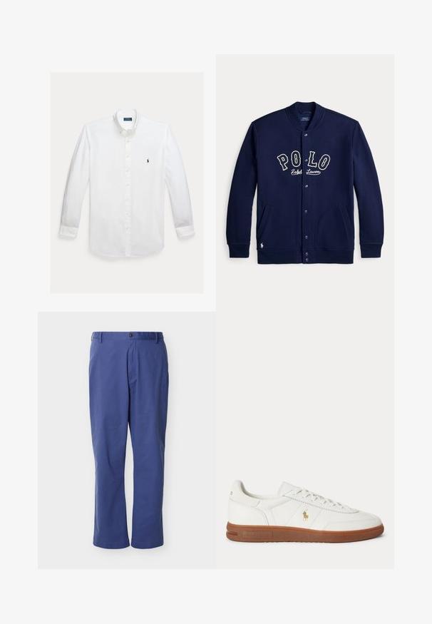 Marineblå skjorteblazer med "POLO Ralph Lauren" skrift foran og lommer på hver side, med lange ærmer og ribstrikkede manchetter.; Hvid skjorte med lange ærmer, knapper foran, krave og lille mørkeblå Polo Ralph Lauren logo broderet på brystet.; Blå straight-leg bukser med bæltestropper, knaplukning foran og lynlås, vist mod en ensfarvet lys grå baggrund.; Hvid lavt sneaker med brun sål, snørebånd foran og lille guld Polo Ralph Lauren-logo på siden.