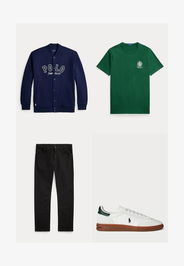 Veste bleu marine à boutons avec lettrage "POLO Ralph Lauren" sur le devant et poches de chaque côté, manches longues et poignets côtelés.; T-shirt vert foncé à manches courtes et col rond avec un petit blason blanc Ralph Lauren et un texte sur le côté gauche de la poitrine.; Jean noir droit avec poches avant et arrière, passants de ceinture, fermeture par bouton et étiquette de marque discrète sur la ceinture et la poche.; Baskets en cuir blanc avec accent vert au talon, panneau en suède texturé, semelle en caoutchouc et logo brodé sur le côté. Présente un design à lacets.