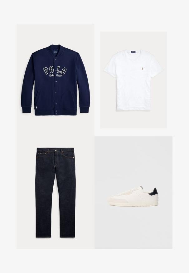 Marineblå skjorteblazer med "POLO Ralph Lauren" skrift foran og lommer på hver side, med lange ærmer og ribstrikkede manchetter.; Hvid T-shirt med rund hals og korte ærmer med lille broderet Polo Ralph Lauren-logo på venstre bryst og blå mærkeetiket indvendigt i kraven.; Mørkeblå denimjeans med fem lommer, knap- og lynlås-lukning og synlige gyldne syninger, vist fladt på en lys baggrund.; Hvide lædersneakers med ruskindsdetaljer, der har en sort hælfane, snøredesign, perforerede detaljer og diskret branding på siden.