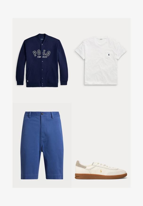 Chaqueta azul marino con botones, con la inscripción "POLO Ralph Lauren" en el frente y bolsillos a cada lado, con mangas largas y puños acanalados.; Camiseta blanca de manga corta con cuello redondo y bolsillo en el pecho que presenta un pequeño logo oscuro de jugador de polo.; Shorts de algodón azul que presentan un frente plano, cierre de un solo botón y trabillas para el cinturón. Piernas de corte recto sin patrones ni acentos visibles.; Zapatilla blanca de piel con corte bajo, suela de goma marrón, parche de ante beige en el talón y pequeño logo dorado de Polo en el lateral.