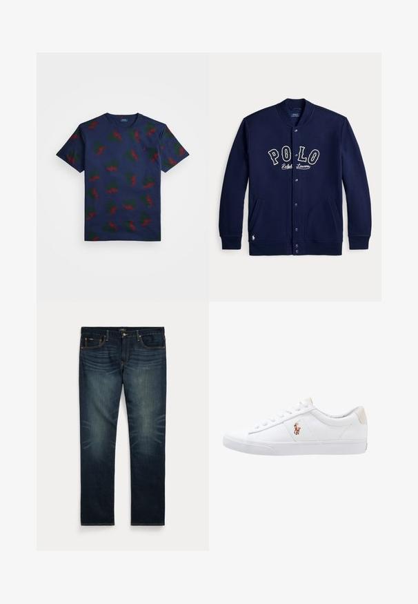 Marineblå skjorteblazer med "POLO Ralph Lauren" skrift foran og lommer på hver side, med lange ærmer og ribstrikkede manchetter.; Marineblå bomulds t-shirt med et gentaget mønster af røde og grønne vinge-designs. Har rund hals og korte ærmer.; Mørkeblå denimjeans med subtil falming på forreste lår og orange syninger, med knap- og lynlåslukning samt fem lommer.; Hvide kanvas sneakers med lågtop design, prydet med en beige hælkappe og et lille broderet logo på siden. Gummisål.