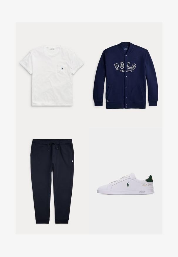 Marineblå skjorteblazer med "POLO Ralph Lauren" skrift foran og lommer på hver side, med lange ærmer og ribstrikkede manchetter.; Hvid t-shirt med korte ærmer og rund hals med en brystlomme, der har en lille mørk polo-spiller-logo.; Navyblå joggingbukser med elastisk talje, snørre, sidelommer, manchetter ved anklerne og et lille hvidt broderet hestemærke på højre lår.; Hvid lavtopsneaker med grøn hælkappe, broderet Polo hestelogo på siden, "Polo" tekst på sålen og guld "Ralph Lauren" signatur på overdelen.