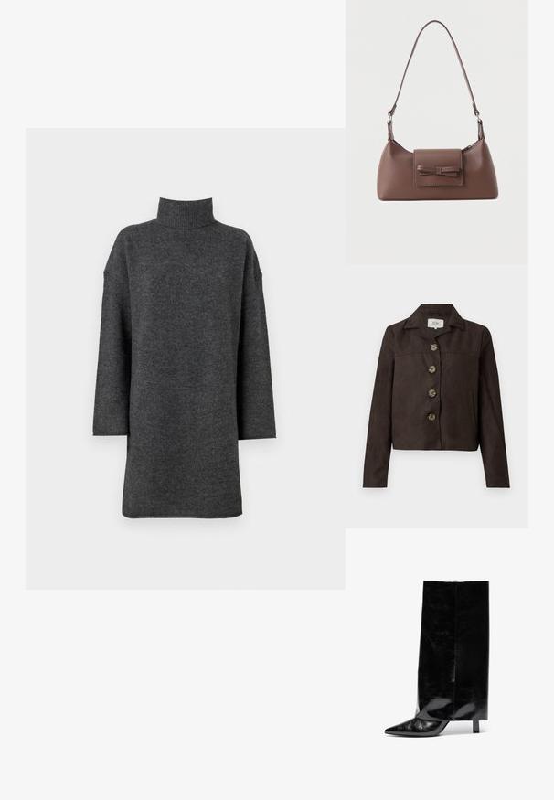 Mørkebrun ruskinds cropped jakke med lange ærmer, bred krave, fire store knapper fortil og sidelommer.; Mørkegrå oversized turtleneck sweater lavet af blødt strikmateriale med dropped shoulders og lange ærmer, der har en chunky ribbet krave.; Sorte læder ankelstøvler med spids tå og blokhæl, der har en høj, blank skaft og en tekstureret overflade på den nedre del.; Brun skuldertaske i læder med en frontlomme med klap, der har en sydd sløjfedetalje, og en justerbar rem.