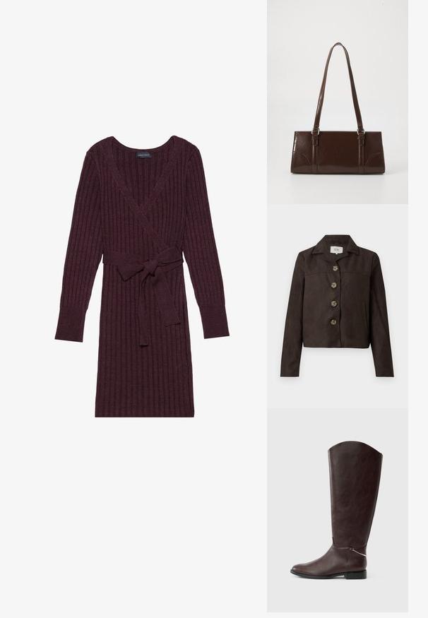 Veste cropped en suède marron foncé avec des manches longues, un large col, quatre grands boutons sur le devant et des poches latérales à fente.; Robe portefeuille côtelée bordeaux à manches longues, décolleté en V et ceinture assortie à la taille. Texture douce avec un motif vertical.; Botte en cuir marron foncé montant jusqu'au genou, avec un talon plat et un petit charm argenté décoratif près de la cheville sur fond blanc.; Sac à main en cuir verni marron de forme rectangulaire, avec deux longues poignées et des accents courbés subtils à l'avant.