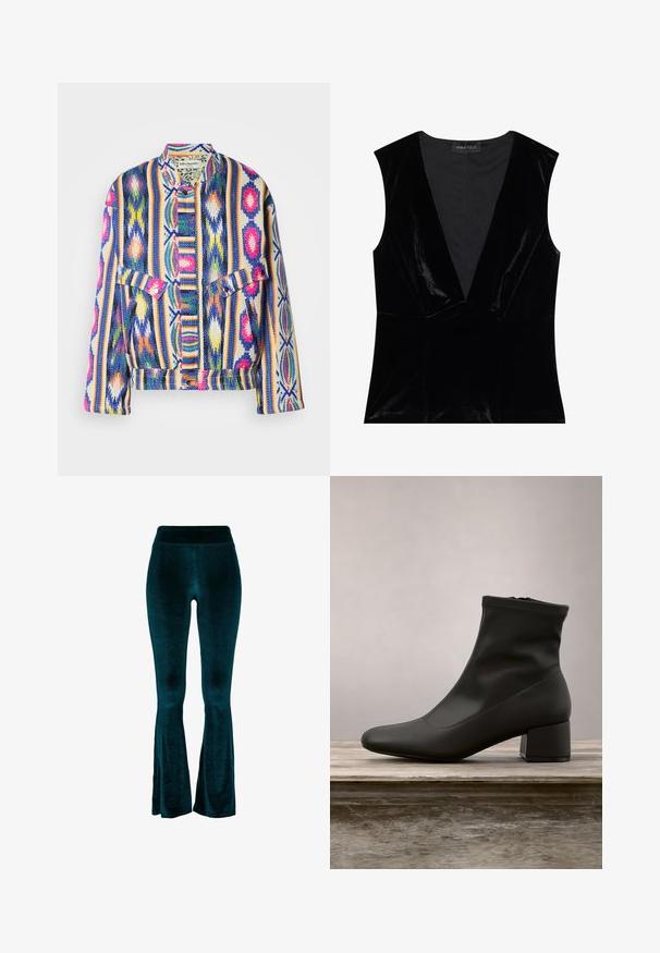 Farbige gewebte Jacke mit vertikalen Streifen und geometrischen Mustern in Blau, Pink, Gelb, Grün und Weiß, ausgestattet mit Klapptaschen und Druckknöpfen.; Schwarzes samtiges ärmelloses Oberteil mit tiefem V-Ausschnitt und taillierter Passform, mit horizontalen Nähten in der Taille und glattem Innenfutter.; Türkisfarbene Schlaghose aus weichem Samtstoff mit hohem Bund und glatter Textur, die sich zum Saum hin verjüngt und leichte Öffnungen aufweist.; Schwarzer Knöchelstiefel mit glattem, glänzendem Lederfinish, schrägem Blockabsatz und einem eng anliegenden, elastischen Schaft für eine schlanke Silhouette.