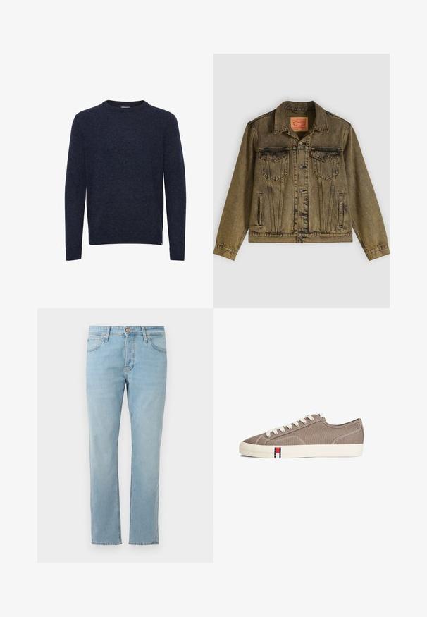 Denimjack met een vervaagde olijfgroene kleur, voorzien van een knoopsluiting aan de voorkant, twee borstzakken en een puntige kraag. Gestructureerde stof met gedetailleerde naden.; Donkerblauwe trui met lange mouwen en ronde hals, eenvoudig ontwerp, geen zichtbare patronen of logo’s, getoond op een witte achtergrond.; Lichtblauwe denim jeans met een rechte snit, vijf zakken en een knoopsluiting bij de taille, plat gepresenteerd op een witte achtergrond.; Taupe lage sneaker van canvas met witte veters, witte rubberen zool en een klein rood-wit-blauw logo aan de zijkant.