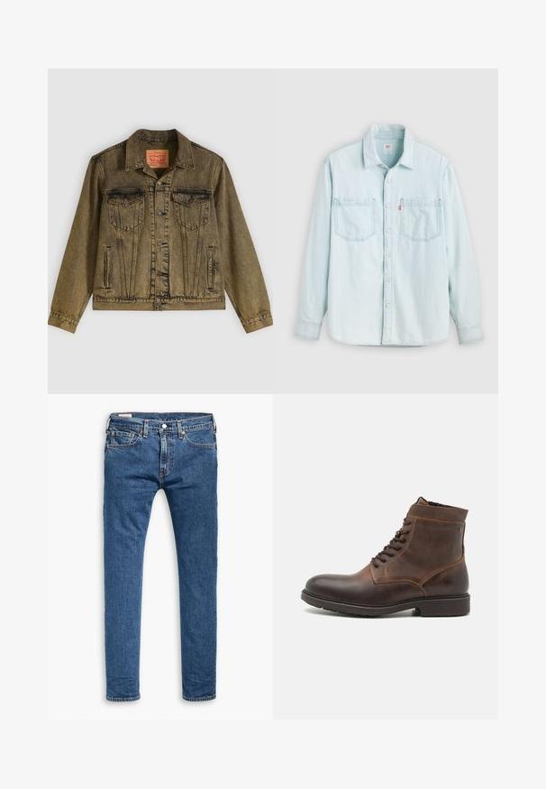Veste en denim vert olive délavé, dotée d'une fermeture à boutons sur le devant, de deux poches poitrine et d'un col pointu. Tissu texturé avec des coutures détaillées.; Chemise en jean bleu clair à manches longues avec boutons sur le devant, deux poches poitrine et un col, présentée sur un fond clair uni.; Jeans slim fit en denim bleu avec cinq poches, bouton avant et passants de ceinture, présentés à plat sur un fond blanc.; Jack & Jones JFWDELANEY BOOT - Bottines à lacets - cognac