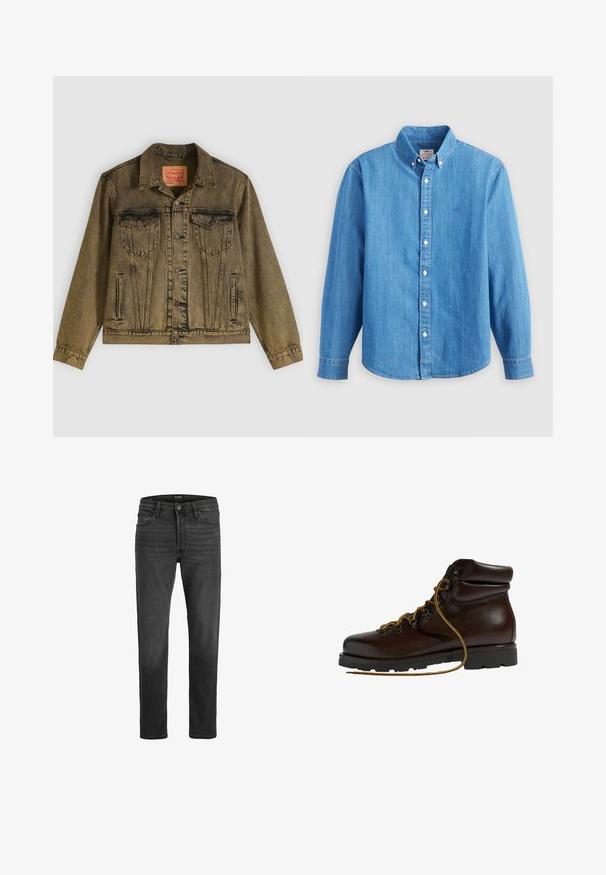 Denimjack met een vervaagde olijfgroene kleur, voorzien van een knoopsluiting aan de voorkant, twee borstzakken en een puntige kraag. Gestructureerde stof met gedetailleerde naden.; Lichtblauw denim overhemd met lange mouwen, button-down kraag en witte knopen. Heeft een klein geborduurd logo op de borst.; Zwarte denim jeans met een recht model, vijfzakken ontwerp en ritsluiting. Bevat subtiele vervaging en contrasterende stiksels.; Bruine leren wandelschoen met een ronde neus, gestructureerd oppervlak, gele veters en metalen oogjes. Heeft een robuuste zwarte rubberen zool.