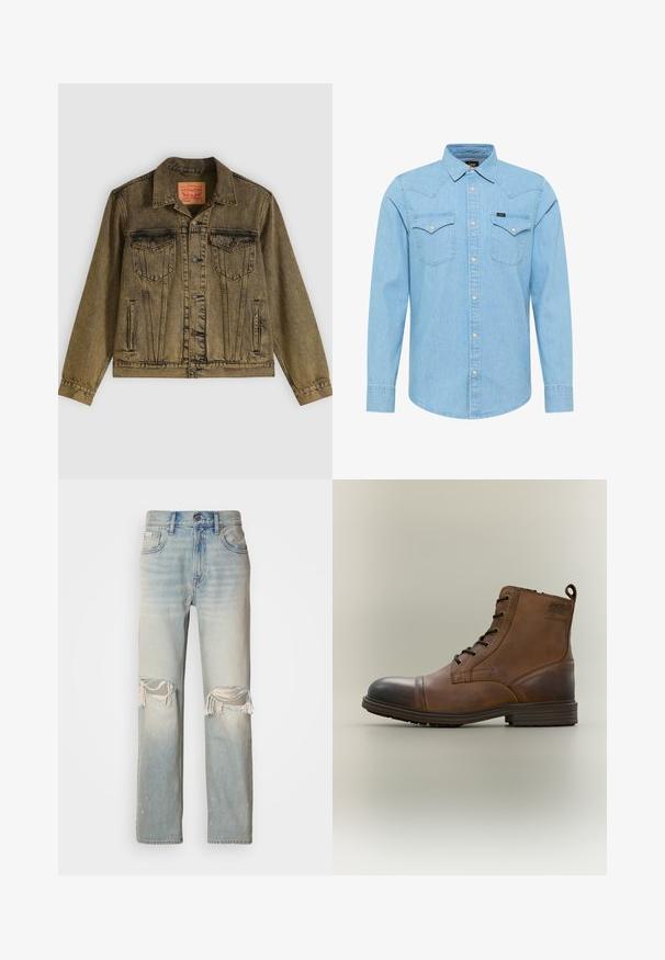 Denimjacke in verblasstem Olivgrün, mit vorderer Knopfleiste, zwei Brusttaschen und spitzem Kragen. Strukturierter Stoff mit detaillierten Nähten.; Hellblaue Jeans-Hemd mit langen Ärmeln, Knopfleiste, zwei knopfbaren Brusttaschen, spitzem Kragen und kleinem Lee-Logo auf der linken Tasche.; Helle blaue Denim-Jeans mit hoher Taille, weitem Bein und auffälligen Rissen an den Knien. Verfügt über fransige Kanten und dezente Ausbleichungen.; Brauner Leder-Schnürstiefel bis zum Knöchel mit schwarzer Zehenkappe, runder Sohle und Markenlabel an der Seite vor schlichtem Hintergrund.