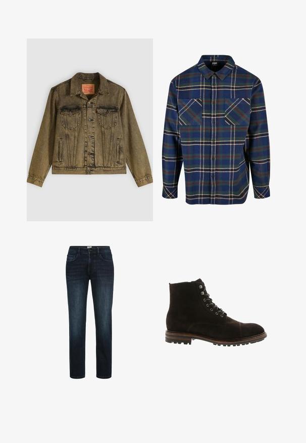Denimjakke i falmet olivengrøn, med knapper foran, to brystlommer og spidst krave. Tekstureret stof med detaljerede sømme.; Langærmet flannel skjorte i navy med grøn, rød og creme ternet mønster. Har to brystlommer og knaplukning foran.; Mørk vaskede denimjeans med lige ben, der har fem lommer, knaplukning og subtil fading langs lårene.; Blackstone Snørestøvletter - brown