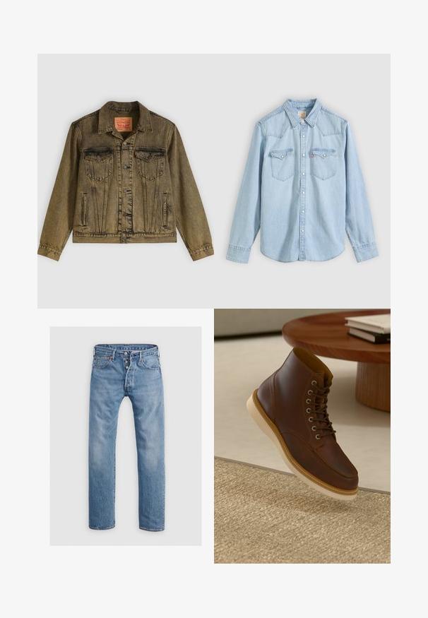 Denimjakke i falmet olivengrøn, med knapper foran, to brystlommer og spidst krave. Tekstureret stof med detaljerede sømme.; Lyseblå denimskjorte med lange ærmer, knapper foran, to brystlommer med knapflap og spids krave på ensfarvet baggrund.; Lysblå denim jeans med en lige ben-design, fem lommer og en knaplukning. Har diskrete falmede områder og syninger som accent.; Brune læderankelstøvle med beige sål på et struktureret beige tæppe ved siden af et rundt træbord med stakke af bøger.