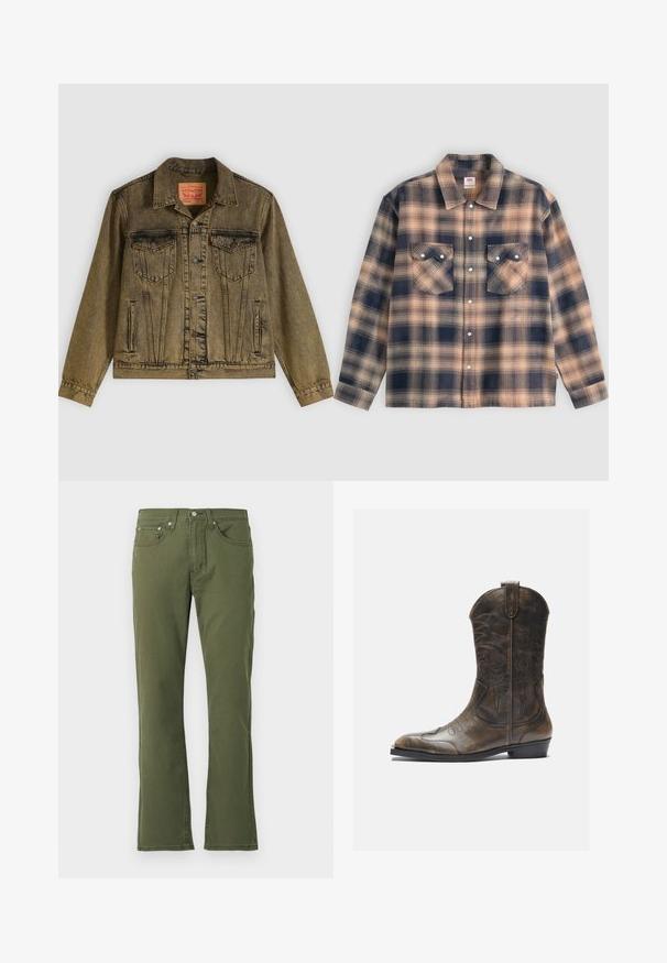 Denimjacke in verblasstem Olivgrün, mit vorderer Knopfleiste, zwei Brusttaschen und spitzem Kragen. Strukturierter Stoff mit detaillierten Nähten.; Langärmelige karierte Hemdjacke in Beige und Dunkelblau mit zwei aufgesetzten Taschen vorne und weißen Druckknöpfen in der Mitte.; Olivgrüne Schlagjeans aus Baumwolle mit glatter Textur; verfügen über fünf Taschen, einen Knopfverschluss und dezente Stickdetails.; Braune Leder-Cowboystiefel mit hohem Schaft, spitzem Zehenbereich, aufwendigen Stickmustern und kleinem Absatz. Strukturierte Oberflächenbeschaffenheit.