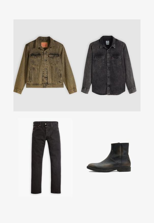 Denimjacke in verblasstem Olivgrün, mit vorderer Knopfleiste, zwei Brusttaschen und spitzem Kragen. Strukturierter Stoff mit detaillierten Nähten.; Schwarzes Denimhemd mit durchgehender Knopfleiste, zwei Brusttaschen und Kragen. Verfügt über eine ausgewaschene Textur und kontrastierende Nähte.; Schwarze Slim-Fit-Jeans mit Knopfverschluss, fünf Taschen und kupferfarbenen Nieten flach auf einem weißen Hintergrund ausgelegt.; AllSaints LANG - Stiefelette - brown
