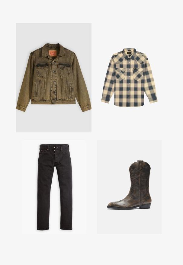 Denimjack met een vervaagde olijfgroene kleur, voorzien van een knoopsluiting aan de voorkant, twee borstzakken en een puntige kraag. Gestructureerde stof met gedetailleerde naden.; Langarmovershirt met knopen en ruitpatroon in beige, zwart en grijs, voorzien van twee klepzakken aan de voorkant en een kraag.; Zwarte slim-fit jeans met knoopsluiting, vijf zakken en koperen klinknagels, plat gelegd op een witte achtergrond.; Bruine leren cowboylaars met een hoge schacht, spitse neus, ingewikkelde stikpatronen en een kleine hak. Gevarieerde afwerking overal.