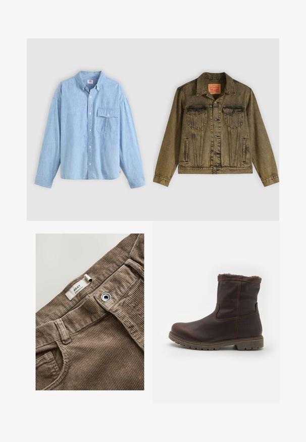 Denimjacke in verblasstem Olivgrün, mit vorderer Knopfleiste, zwei Brusttaschen und spitzem Kragen. Strukturierter Stoff mit detaillierten Nähten.; Himmelblaues Hemd mit Knopfverschluss aus Chambray-Stoff. Verfügt über einen Kragen, lange Ärmel und eine Brusttasche mit Klappe und Knopf.; Braune Cordhosen mit Metallknopf und einem Etikett mit der Aufschrift "NEXT Straight Fit" im Bund.; Braune Leder-Ankle-Boots mit einem weichen Kunstfellfutter, robusten Sohlen und sichtbaren Nähakzenten entlang der Nähte.