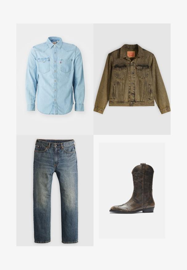 Veste en denim vert olive délavé, dotée d'une fermeture à boutons sur le devant, de deux poches poitrine et d'un col pointu. Tissu texturé avec des coutures détaillées.; Chemise en denim bleu clair à manches longues avec un col pointu, deux poches poitrine, des boutons-pression argentés et des coutures contrastées. Texture lisse.; Jeans en denim bleu délavé à jambes droites avec poches avant, passants de ceinture, bouton et fermeture à glissière sur un fond clair.; Botte de cow-boy en cuir marron avec un long tige, un bout pointu, des motifs de couture complexes et un petit talon. Finition texturée tout au long.