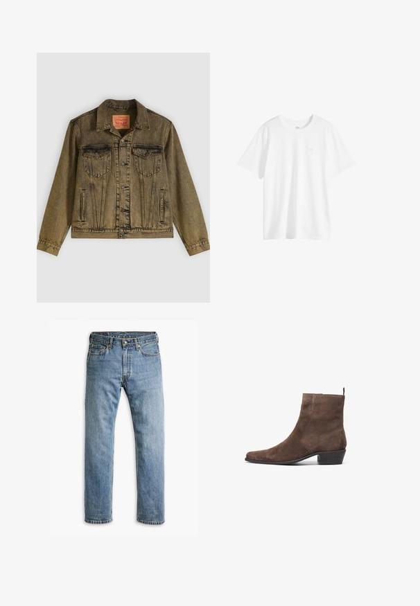 Denimjacke in verblasstem Olivgrün, mit vorderer Knopfleiste, zwei Brusttaschen und spitzem Kragen. Strukturierter Stoff mit detaillierten Nähten.; Schlichtes weißes T-Shirt mit kurzen Ärmeln und Rundhalsausschnitt, mit einem kleinen Logo auf der linken Brustseite, auf weißem Hintergrund dargestellt.; Blaue gerade geschnittene Jeans aus Denim mit fünf Taschen, Gürtelschlaufen und Metallknopfverschluss vor einem weißen Hintergrund.; Braune Wildleder-Stiefelette mit spitzem Kopf, niedrigem Blockabsatz und einer Anziehhilfe an der Rückseite für ein einfaches An- und Ausziehen. Glatte Textur und schlichtes Design.